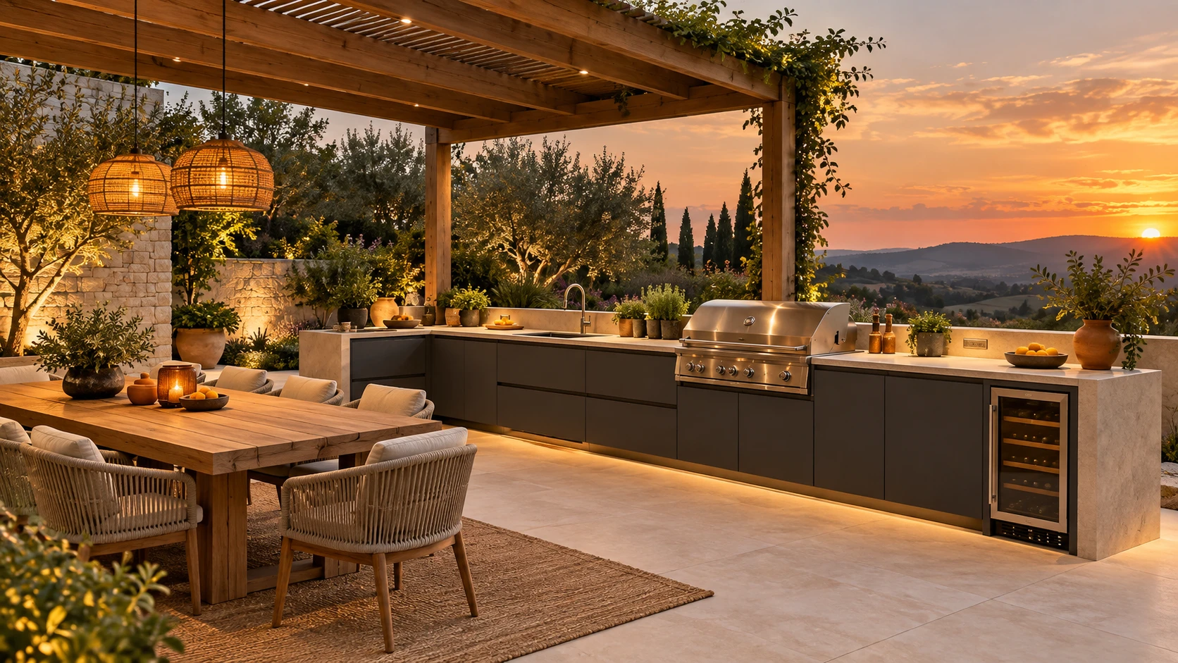 Inspiration : cuisine extérieure équipée sous pergola avec espace repas et éclairage chaleureux