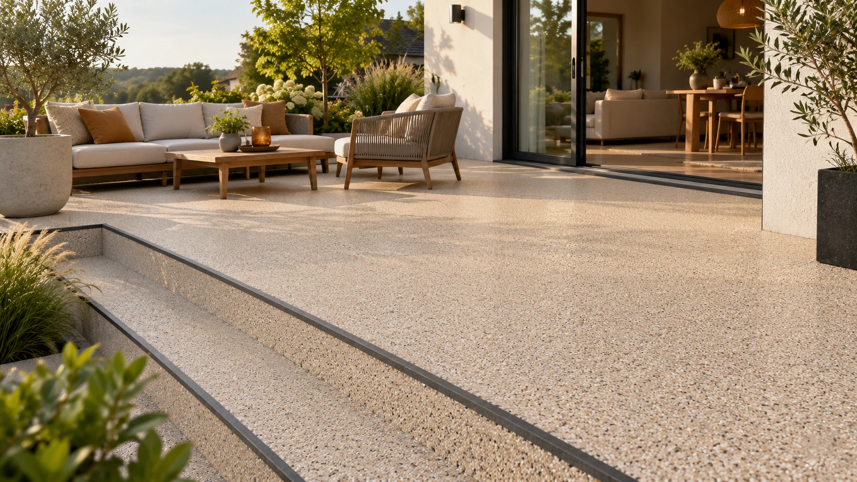 Inspiration : terrasse et marches en moquette de pierre beige à granulats fins