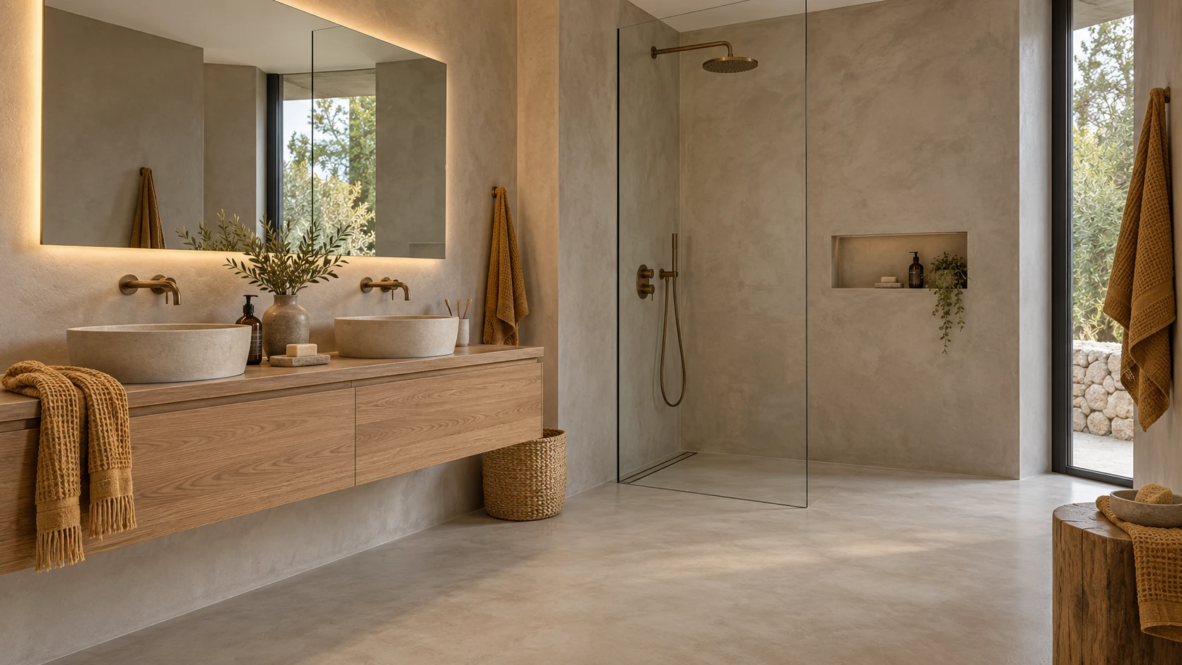 Inspiration : salle de bain en béton ciré avec douche à l’italienne et meuble en bois